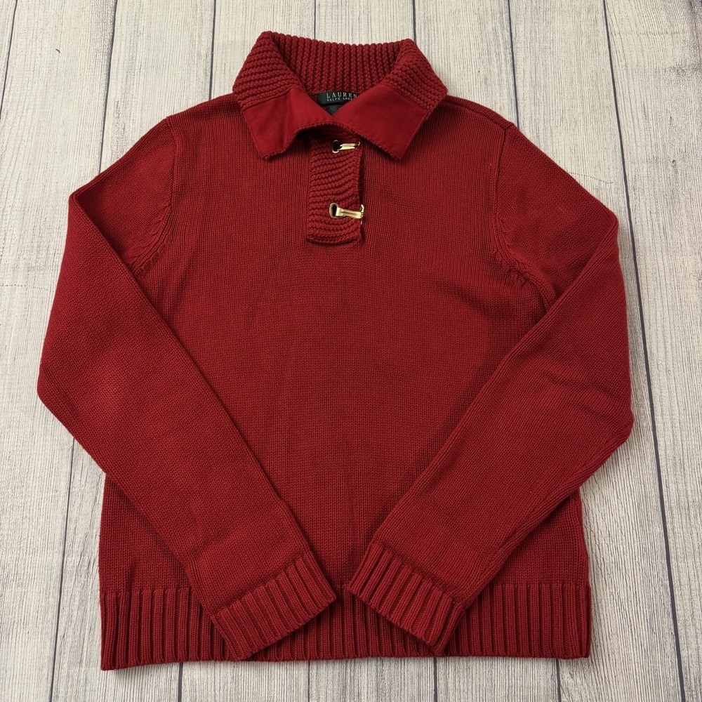 Lauren Jeans Co Sweater Womens Medium Red Toggle Pullover Collared Knit Casual